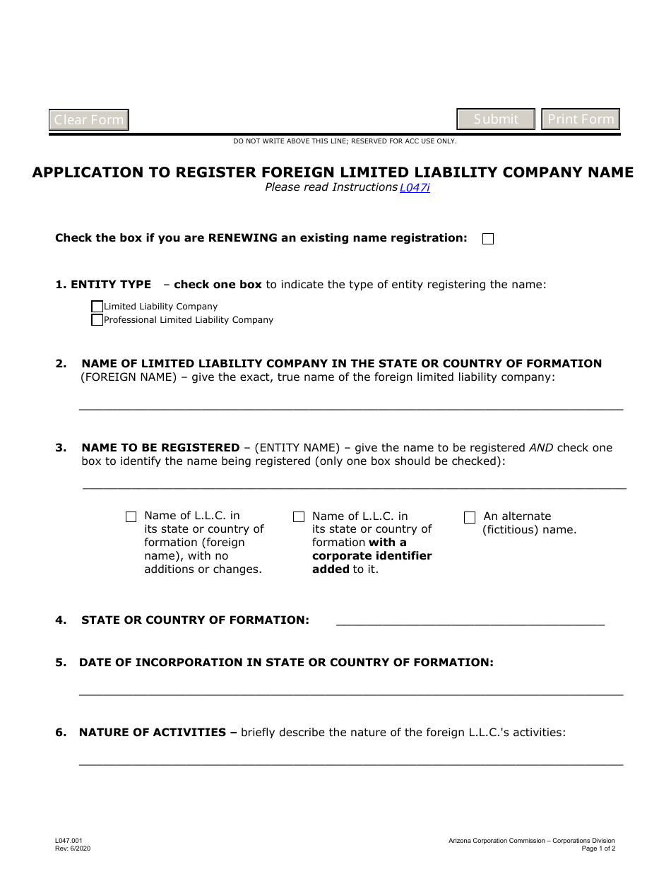 Form L047 Application to Register Foreign Limited Liability Company Name - Arizona, Page 1