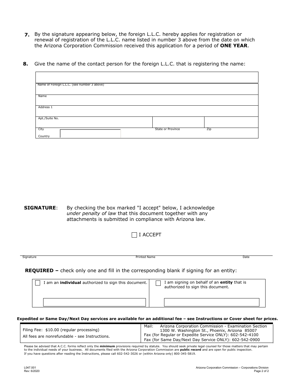 Form L047 Application to Register Foreign Limited Liability Company Name - Arizona, Page 2