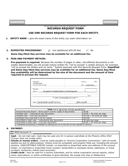 Form M048 Records Request Form - Arizona