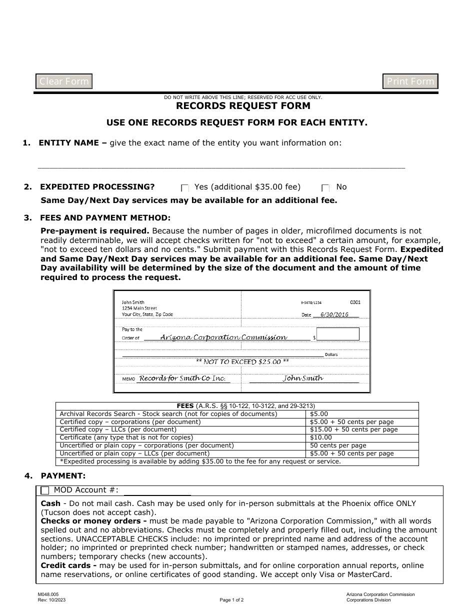 Form M048 Records Request Form - Arizona, Page 1