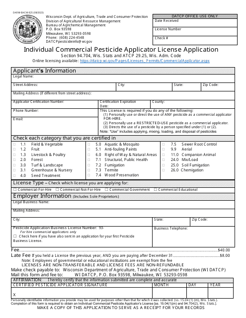 Form DARM-BACM-025 Individual Commercial Pesticide Applicator License Application - Wisconsin