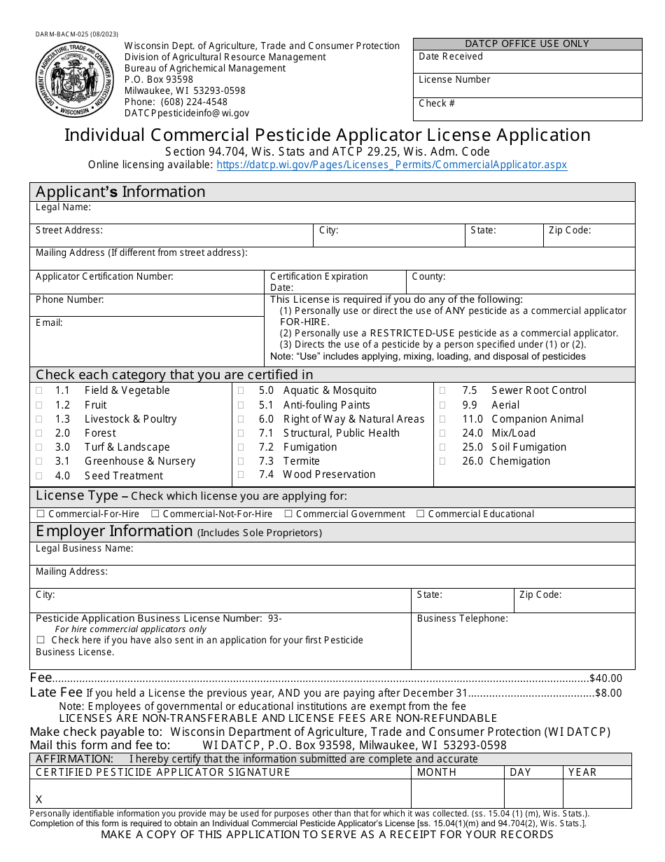 Form DARM-BACM-025 Individual Commercial Pesticide Applicator License Application - Wisconsin, Page 1