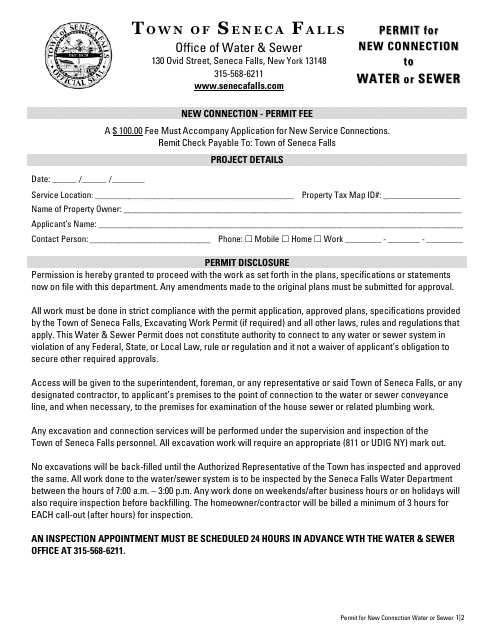Permit for New Connection to Water or Sewer - Town of Seneca Falls, New York Download Pdf