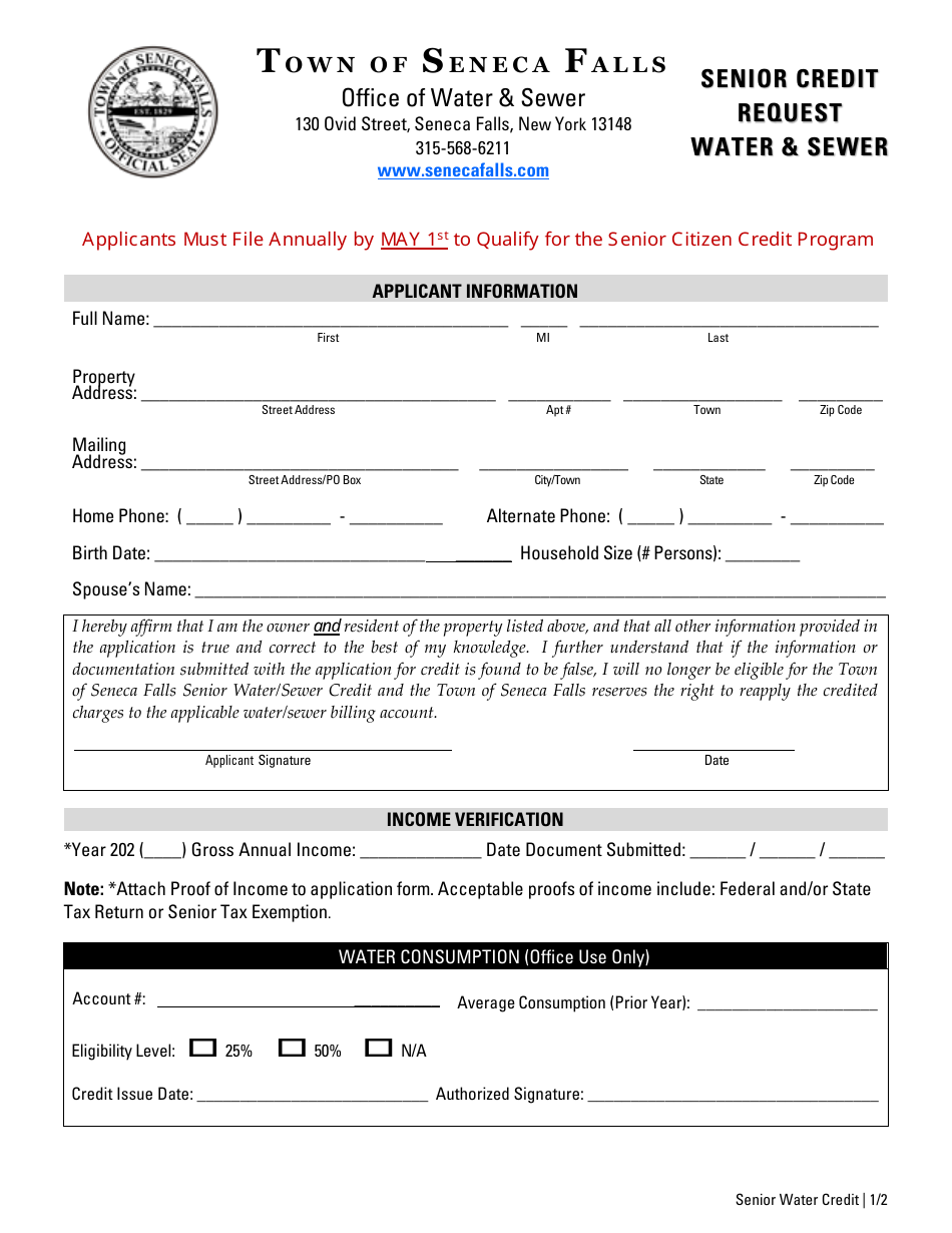 Town of Seneca Falls, New York Senior Credit Request Water & Sewer