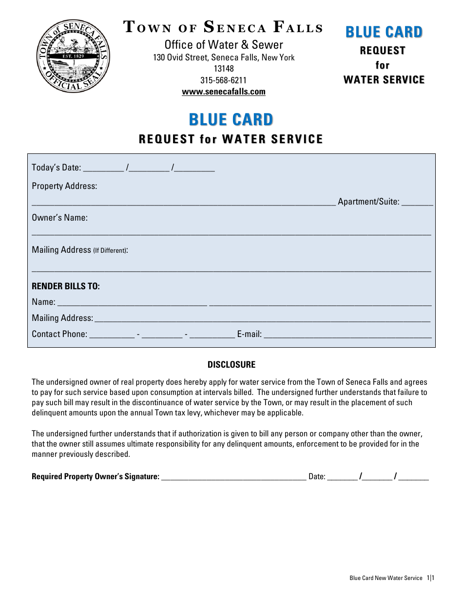 Blue Card Request for Water Service - Town of Seneca Falls, New York, Page 1