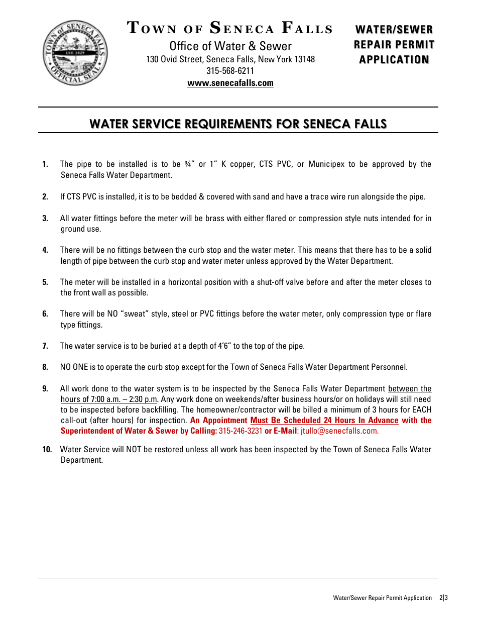 Water / Sewer Repair Permit Application - Town of Seneca Falls, New York, Page 2