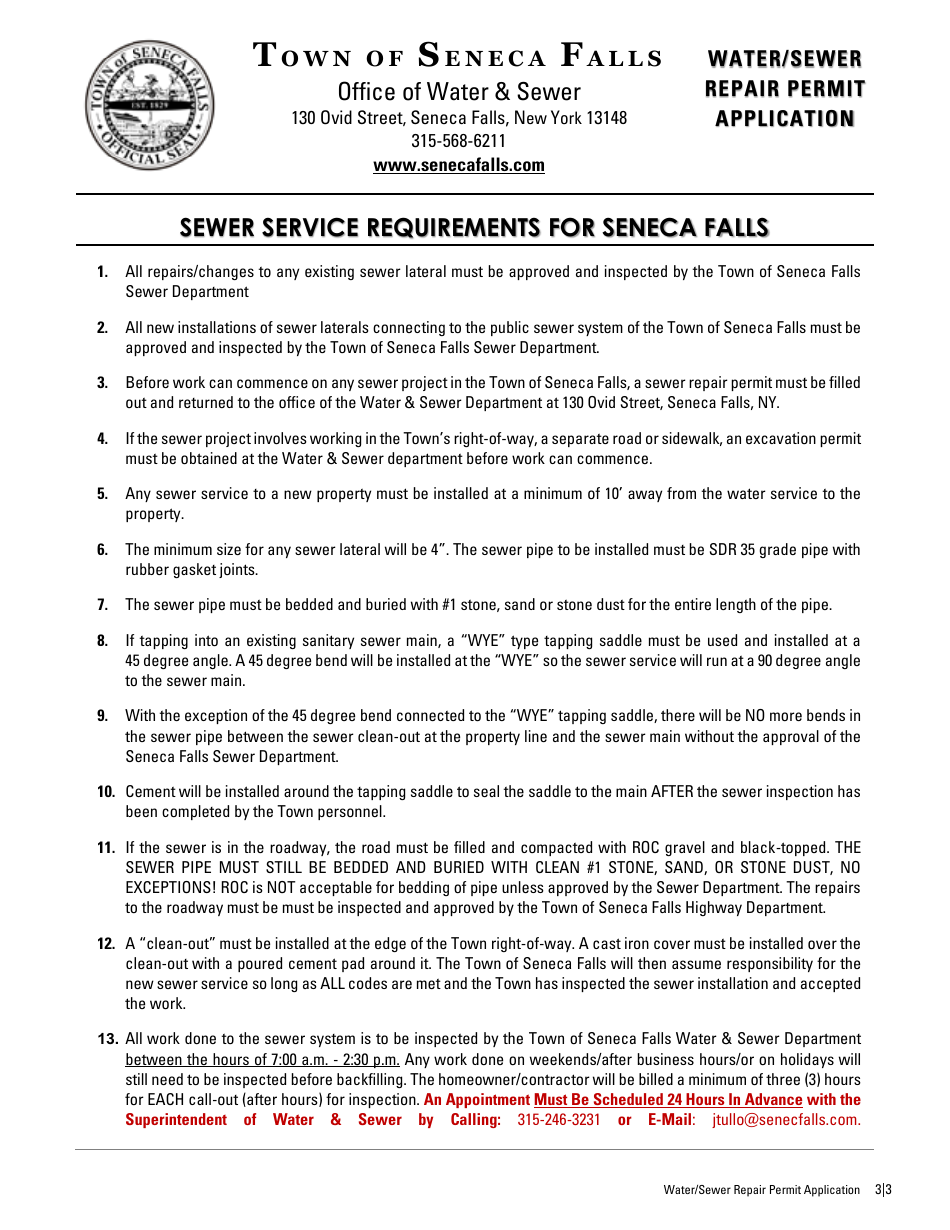 Water / Sewer Repair Permit Application - Town of Seneca Falls, New York, Page 3