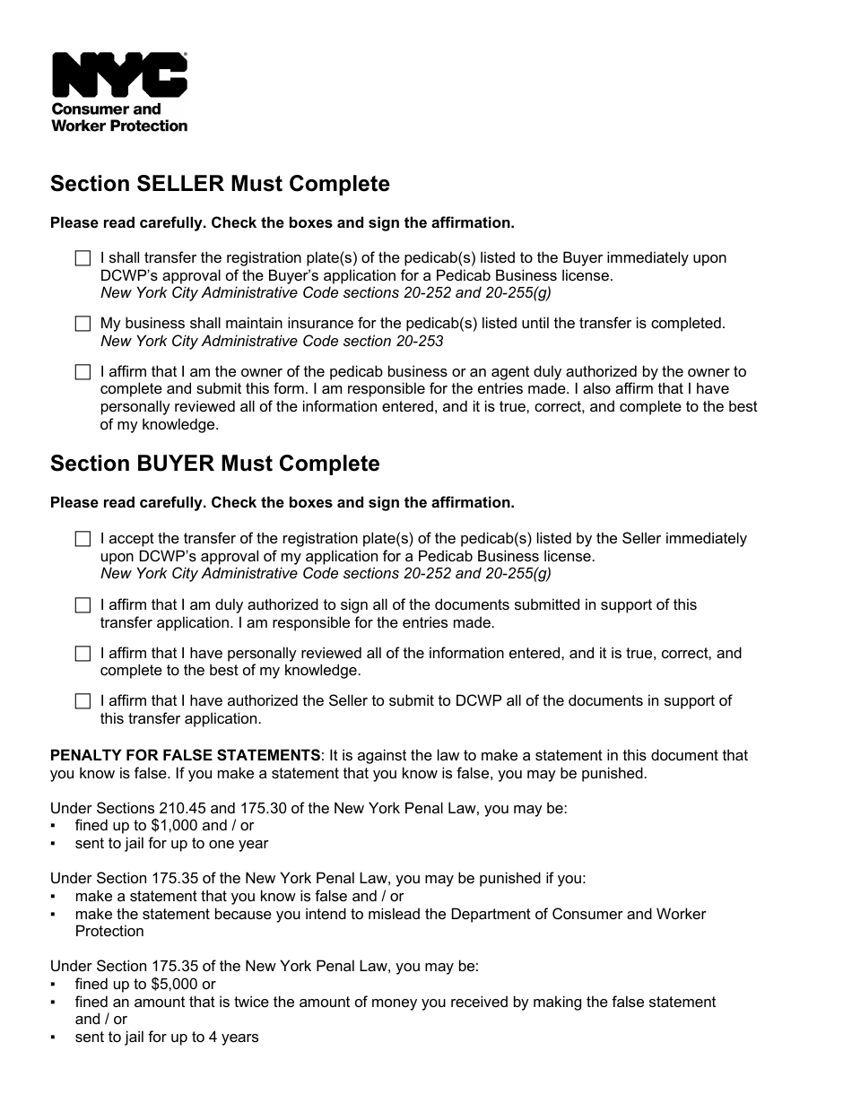 Transfer of Pedicab Registration Plates Affirmation - New York City, Page 3