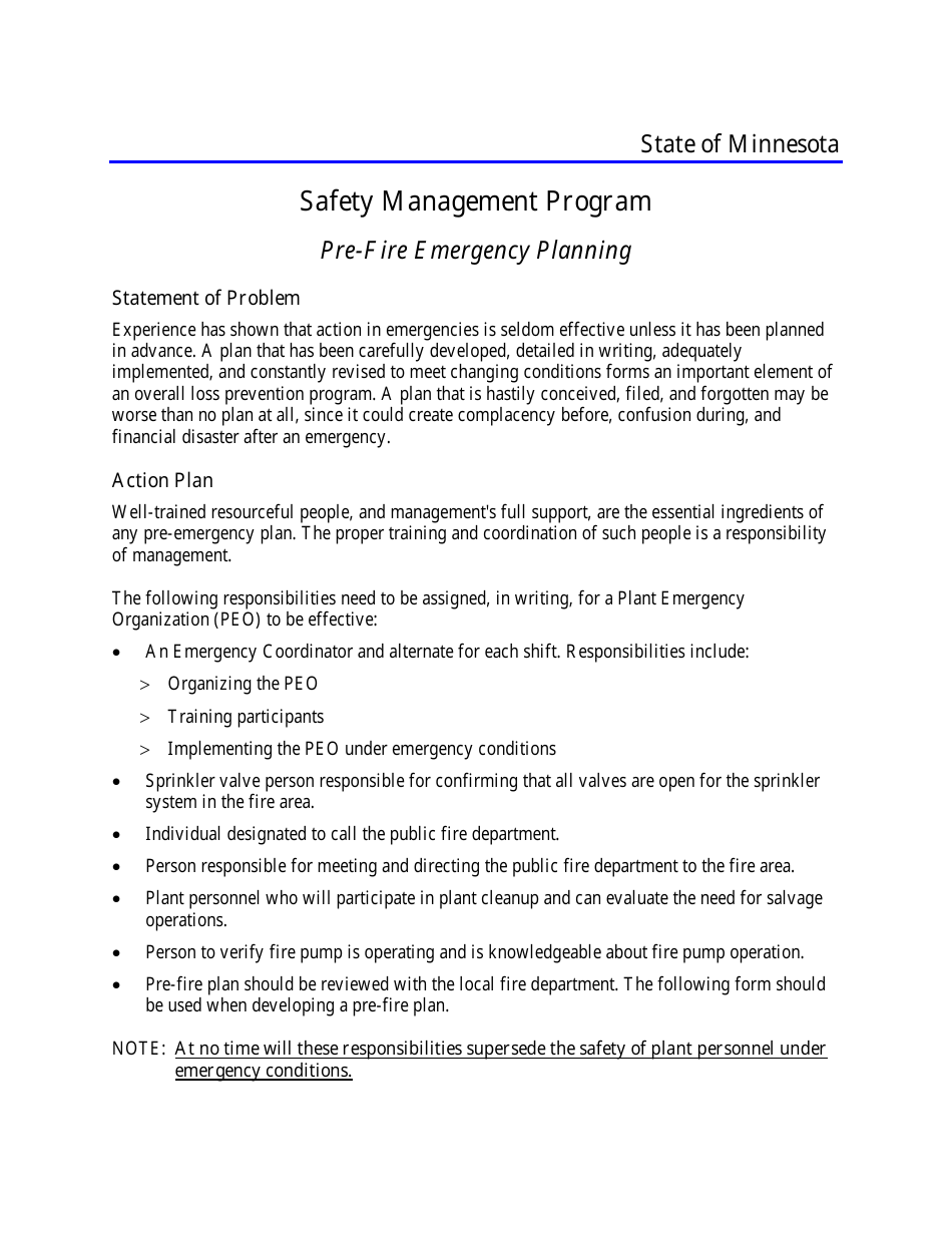 Pre-fire Emergency Planning - Safety Management Program - Minnesota, Page 1