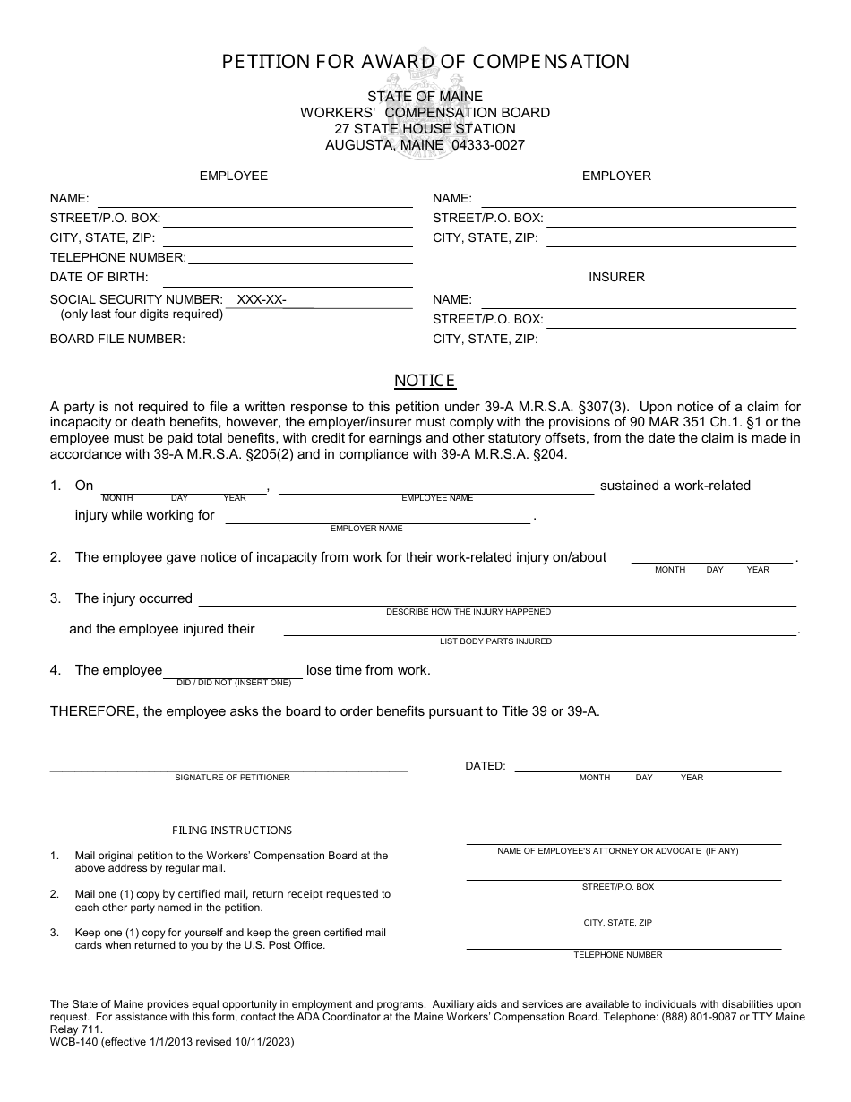 Form WCB-140 Petition for Award of Compensation - Maine, Page 1