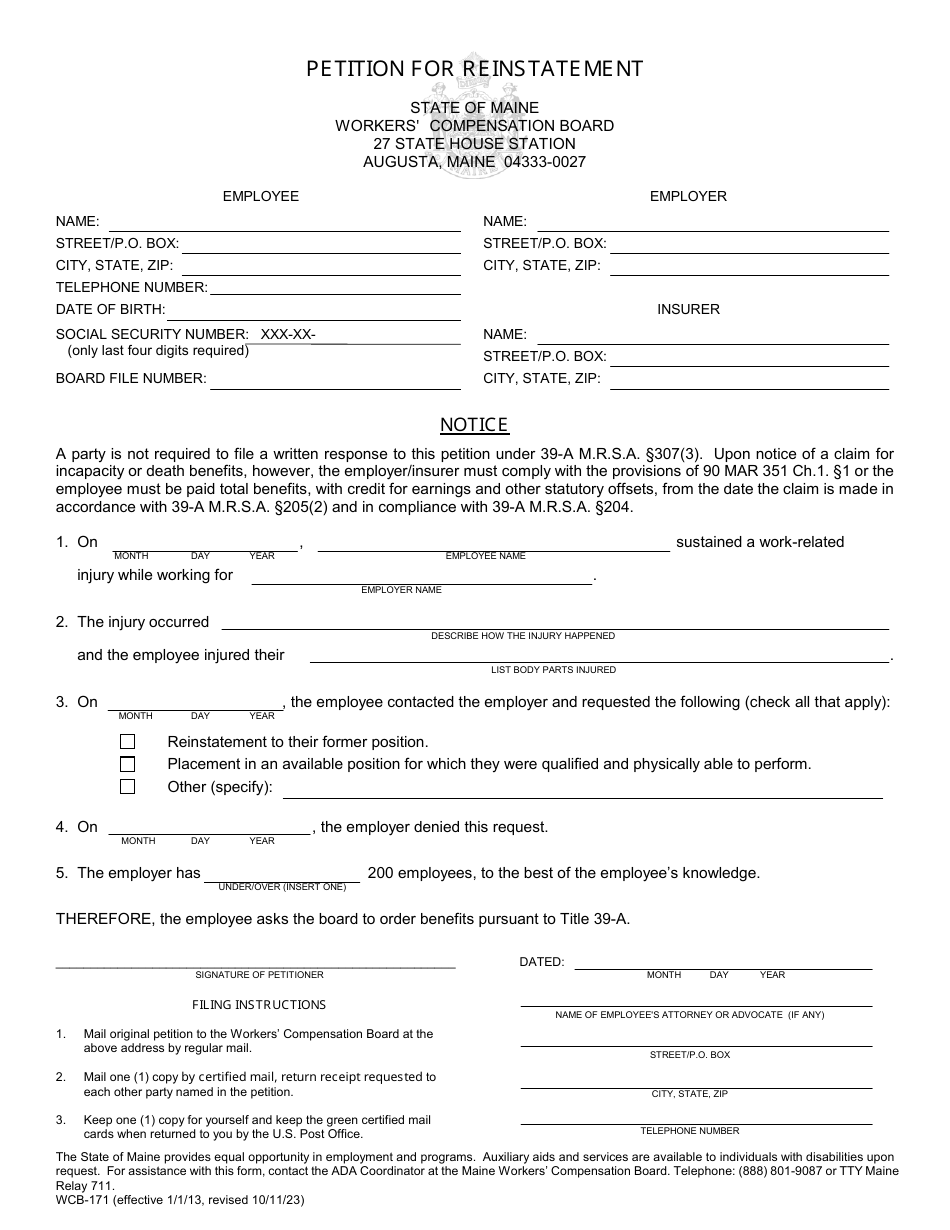 Form WCB-171 Petition for Reinstatement - Maine, Page 1