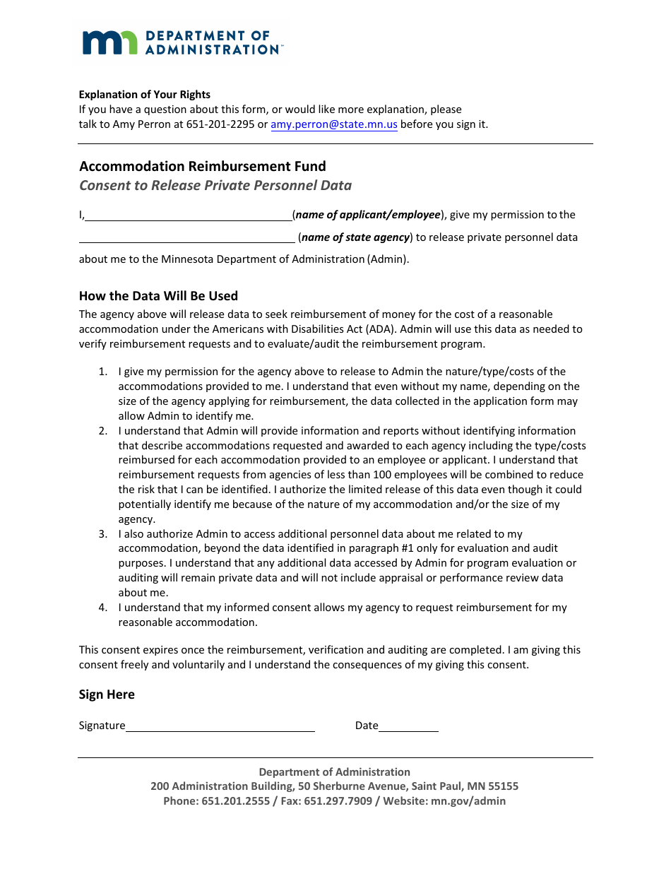 Minnesota Accommodation Reimbursement Fund Consent To Release Private Personnel Data Fill Out