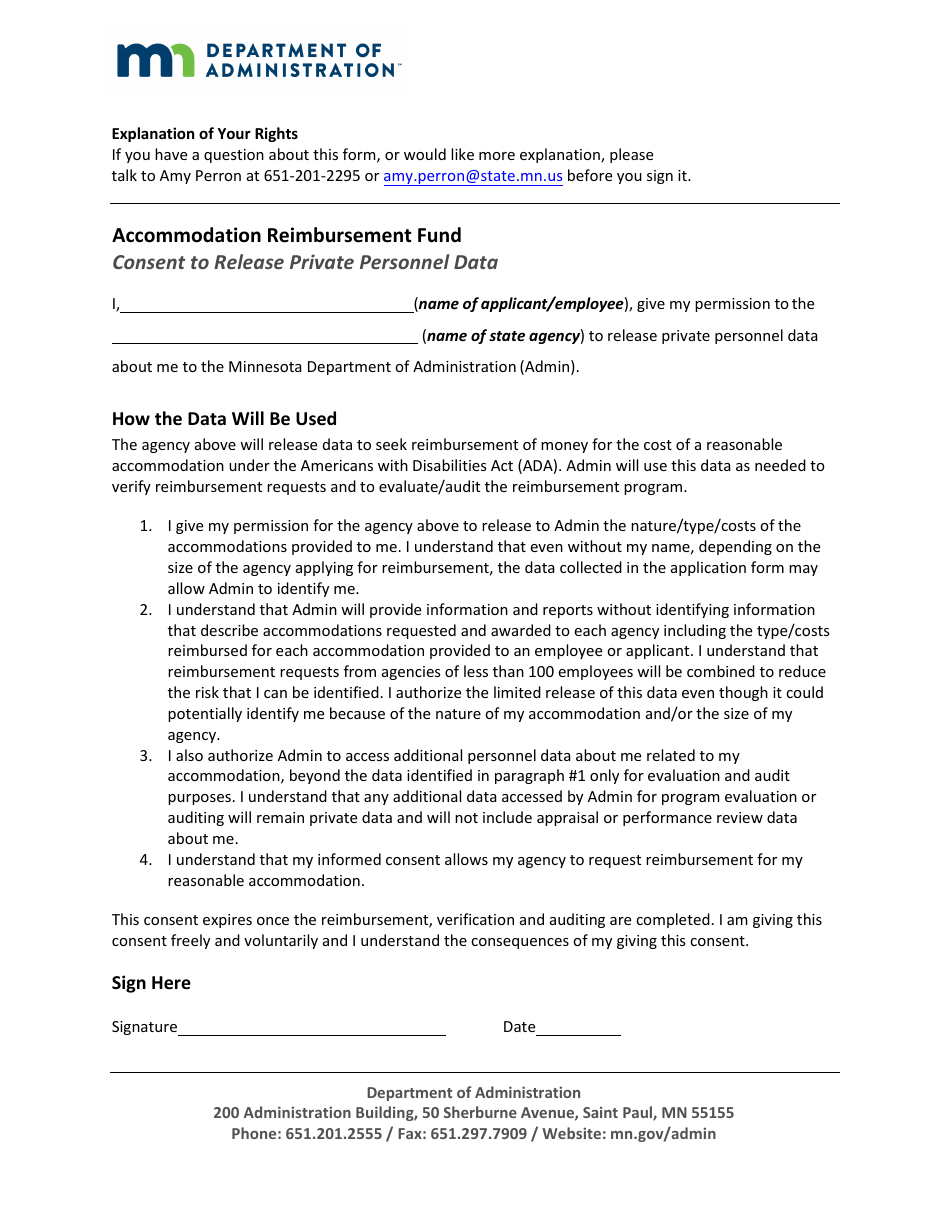 Accommodation Reimbursement Fund Consent to Release Private Personnel Data - Minnesota, Page 1