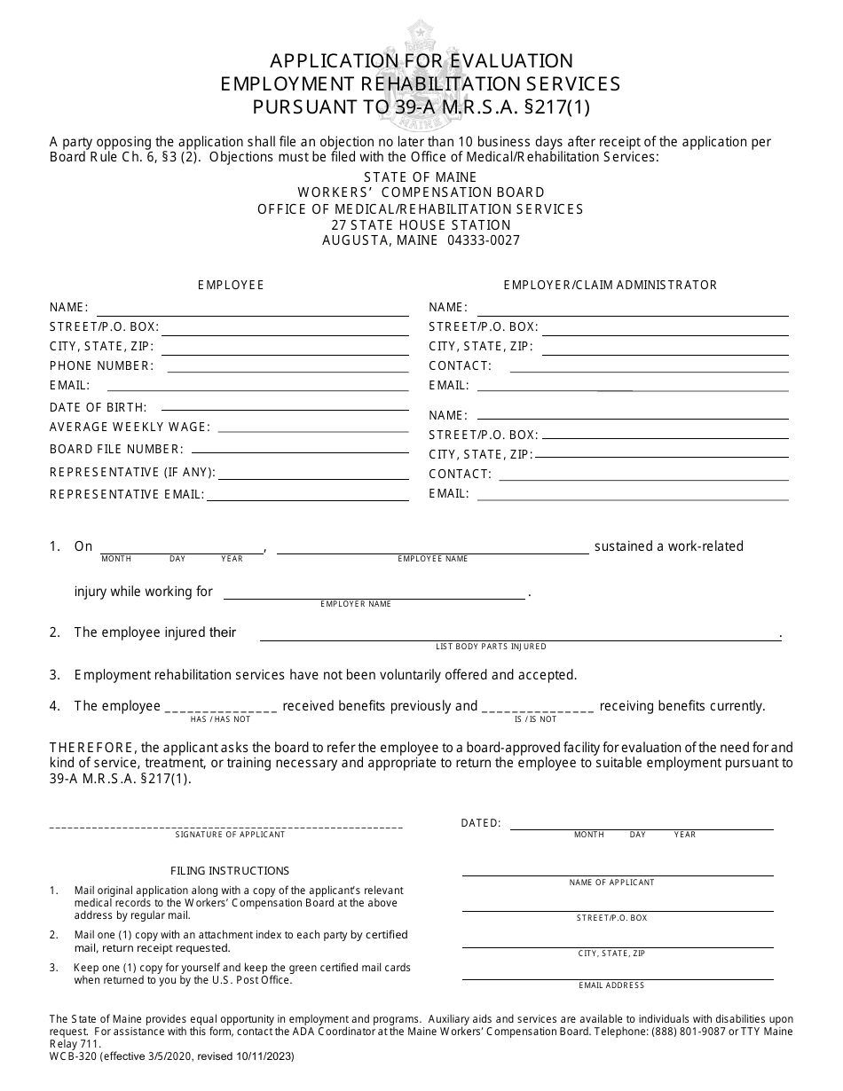 Form WCB-320 Application for Evaluation Employment Rehabilitation Services Pursuant to 39-a M.r.s.a. 217(1) - Maine, Page 1