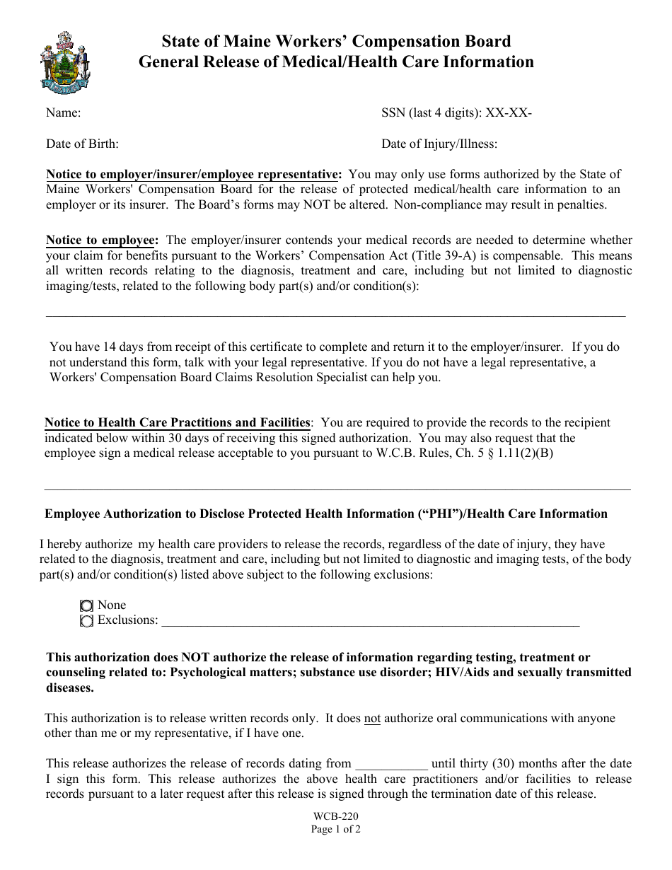Form WCB-220 General Release of Medical / Health Care Information - Maine, Page 1