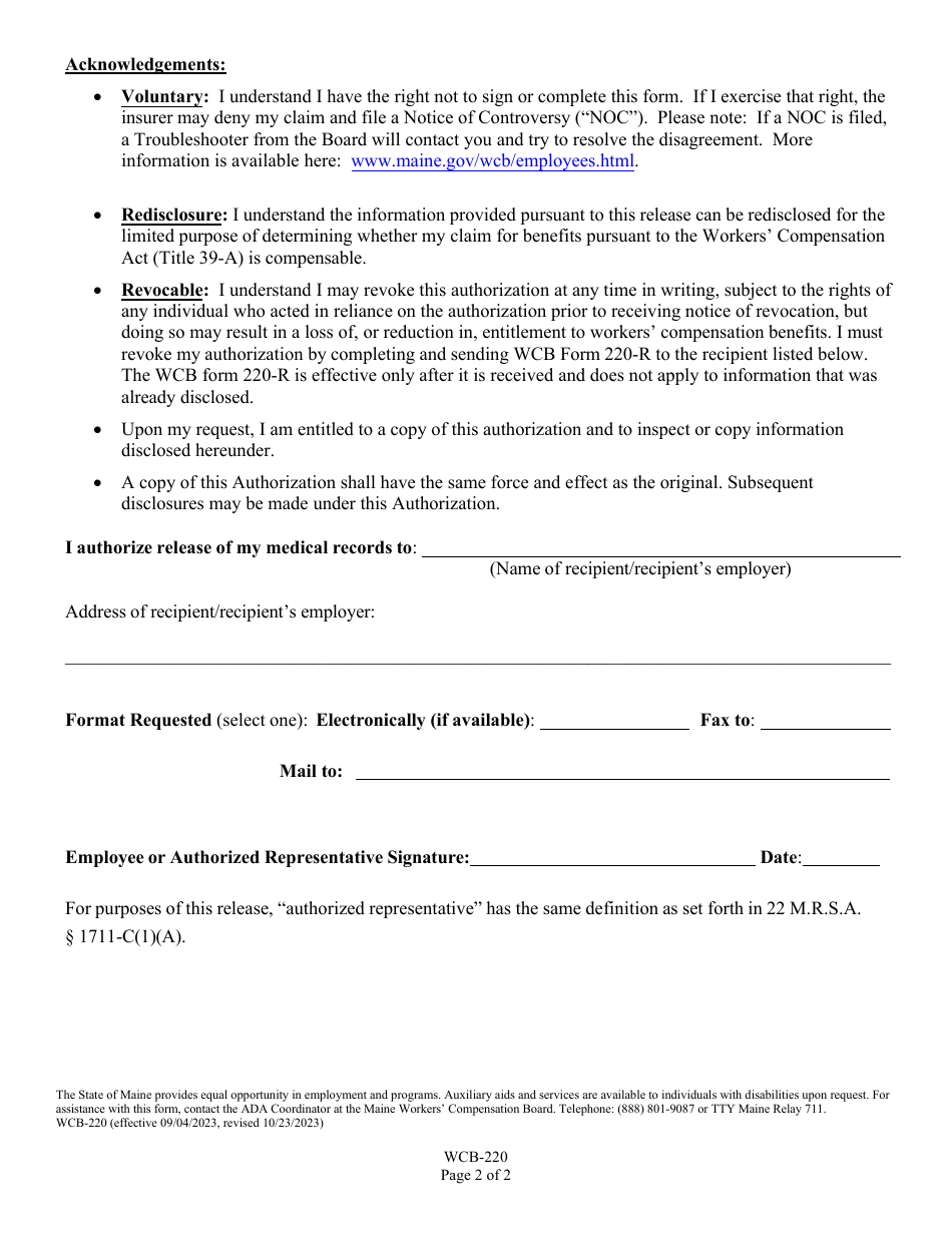 Form WCB-220 General Release of Medical / Health Care Information - Maine, Page 2