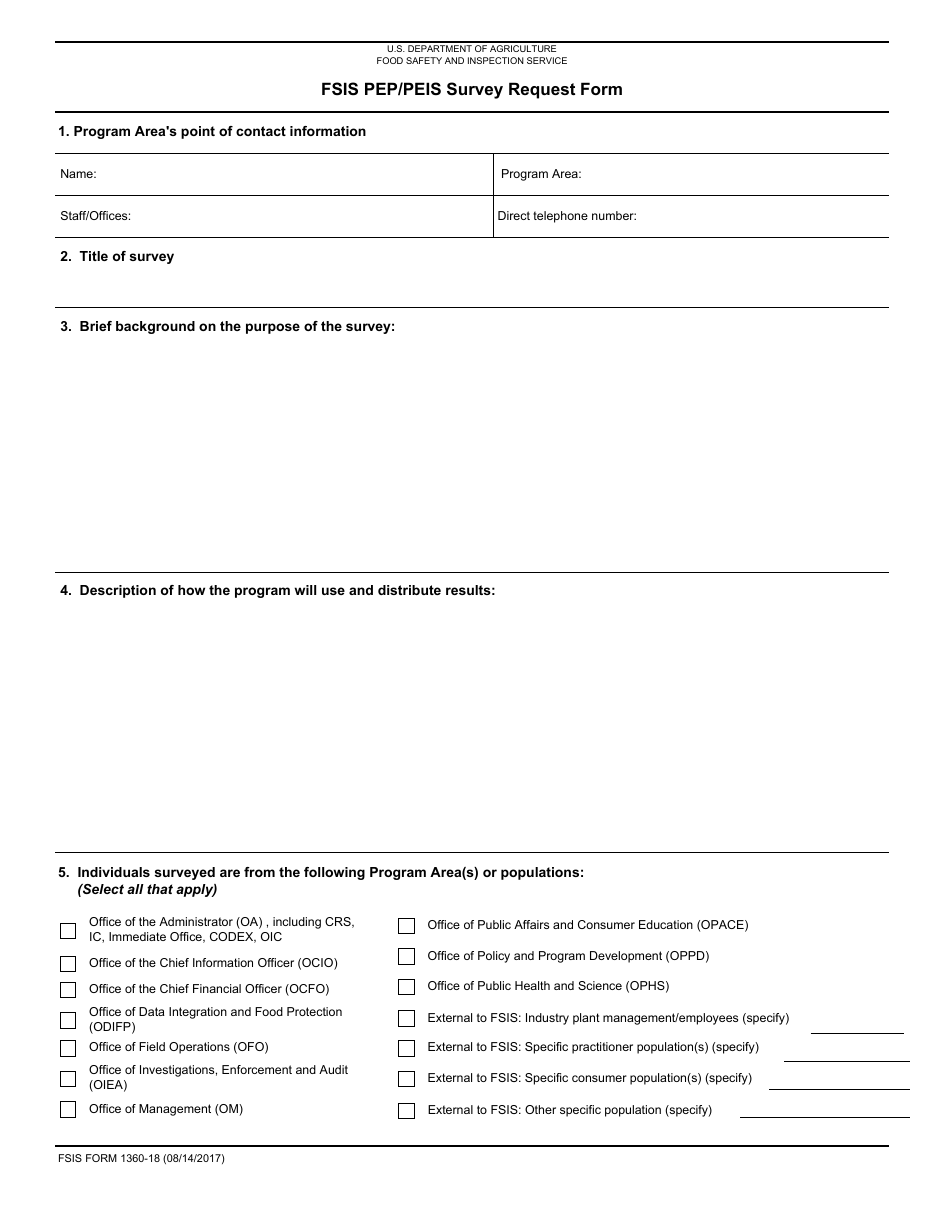 FSIS Form 1360-18 FSIS Pep / Peis Survey Request Form, Page 1