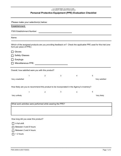 FSIS Form 2400-6 Personal Protective Equipment (Ppe) Evaluation Checklist