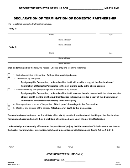 Form RW121 Declaration of Termination of Domestic Partnership - Maryland