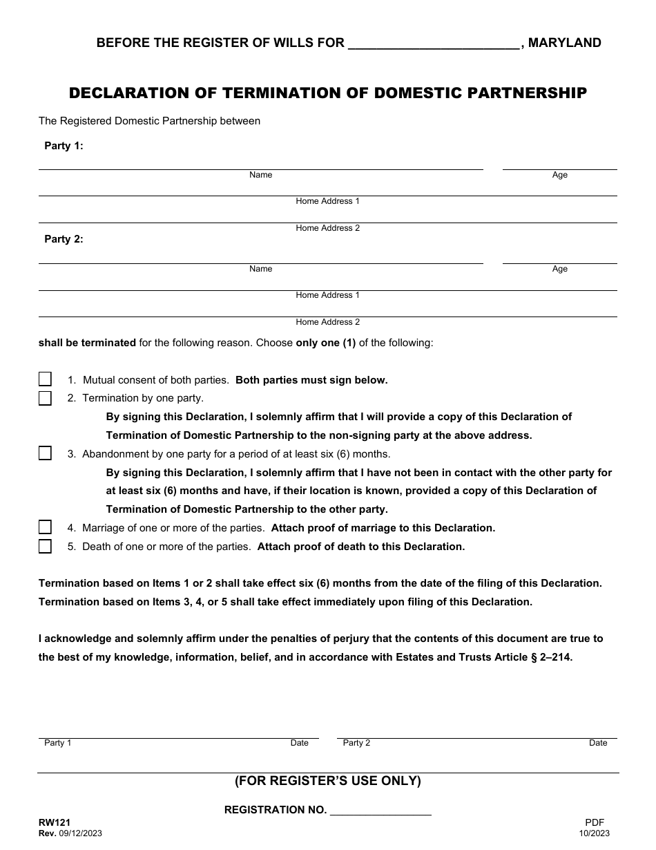 Form RW121 Declaration of Termination of Domestic Partnership - Maryland, Page 1