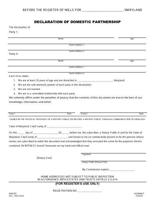 Form RW101 Declaration of Domestic Partnership - Maryland