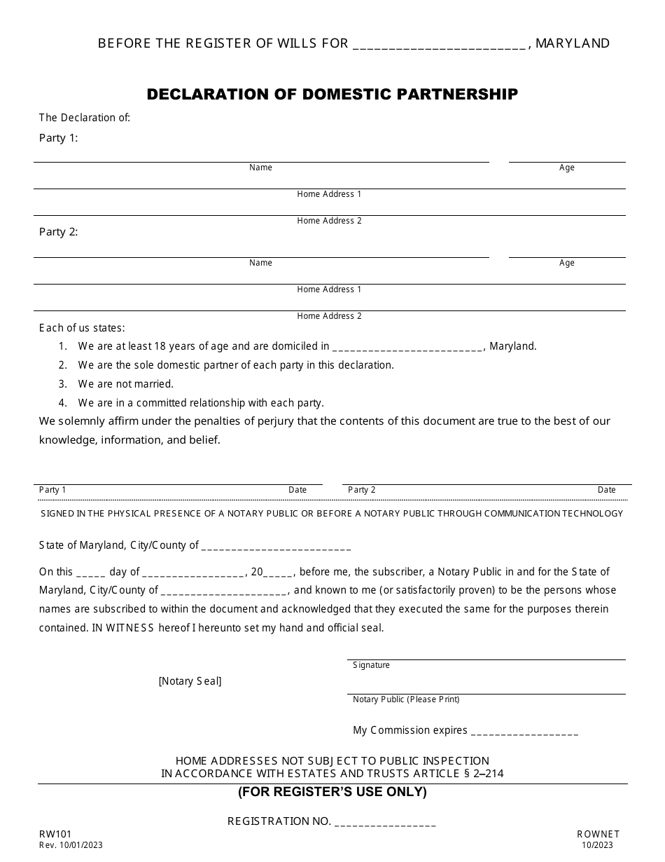 Form RW101 Declaration of Domestic Partnership - Maryland, Page 1