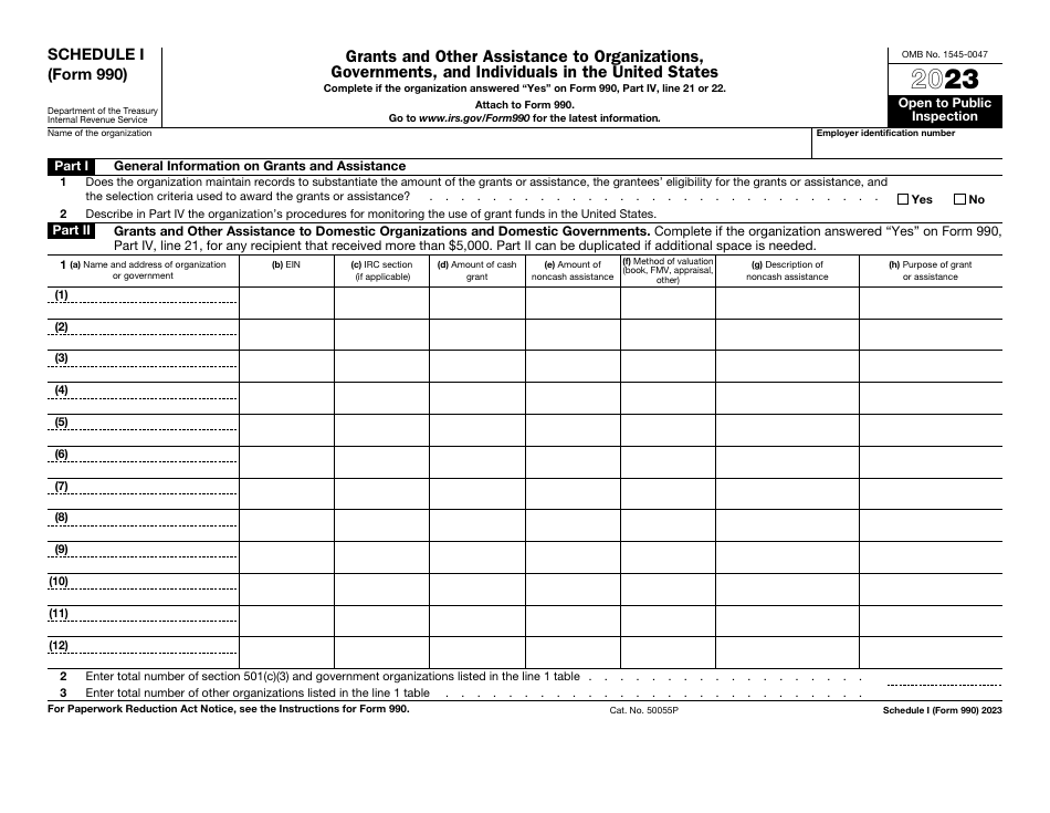 IRS Form 990 Schedule I Grants and Other Assistance to Organizations, Governments, and Individuals in the United States, Page 1