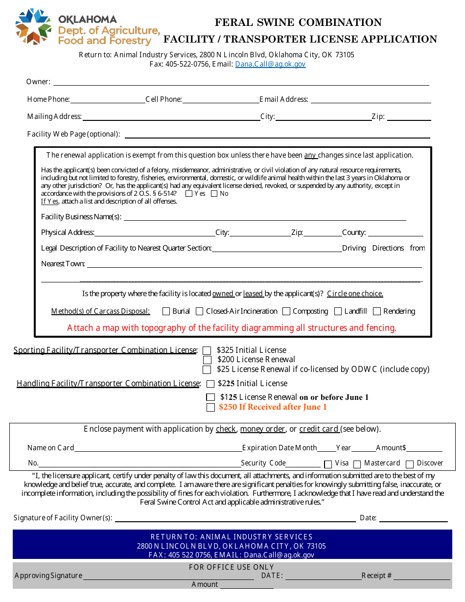 Feral Swine Combination Facility / Transporter License Applicationtransporter License Application - Oklahoma, Page 1