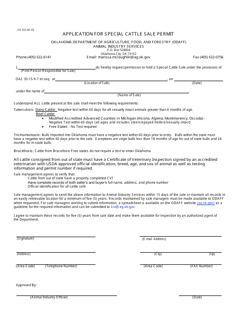 Form AIS202 Application for Special Cattle Sale Permit - Oklahoma
