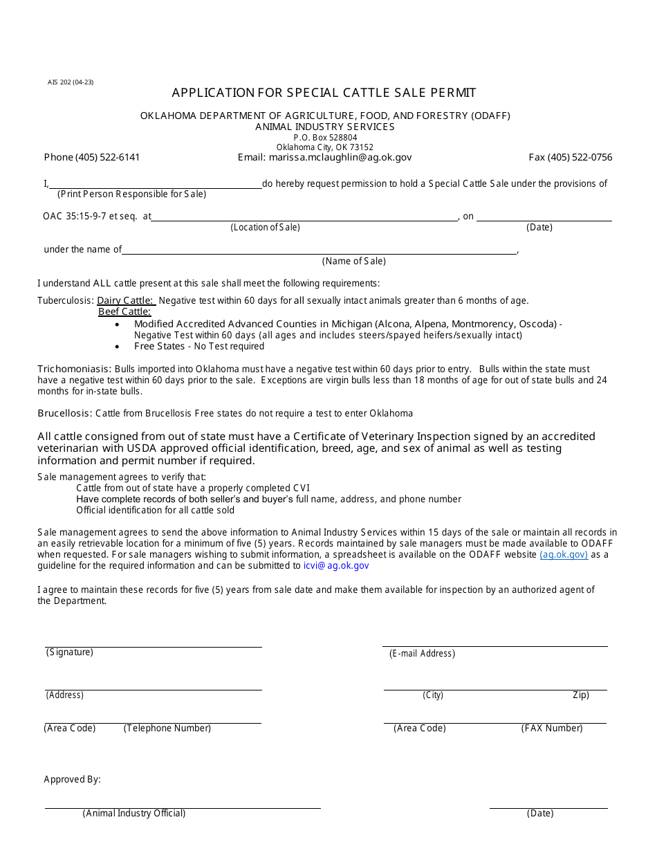 Form AIS202 Application for Special Cattle Sale Permit - Oklahoma, Page 1