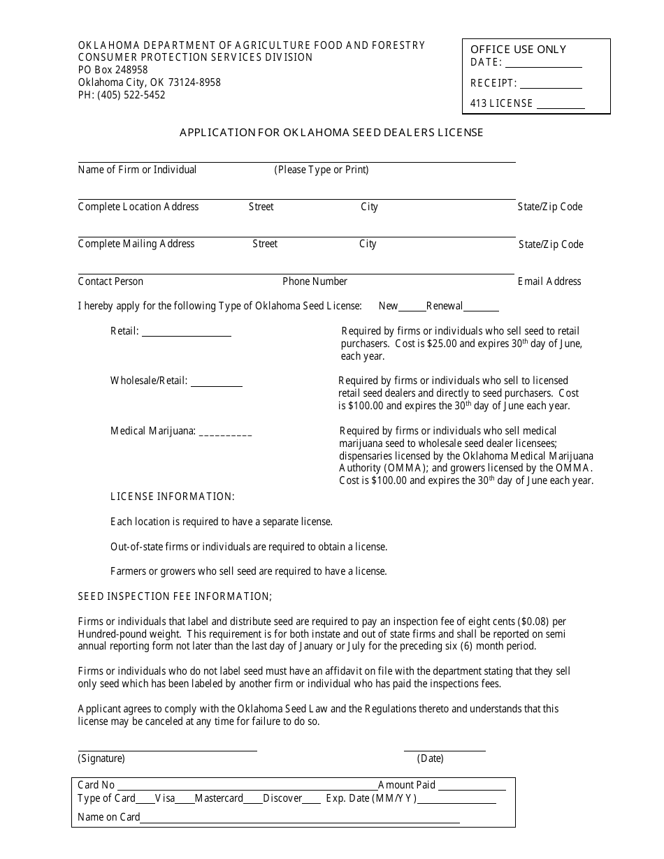 Oklahoma Application for Oklahoma Seed Dealers License Fill Out, Sign