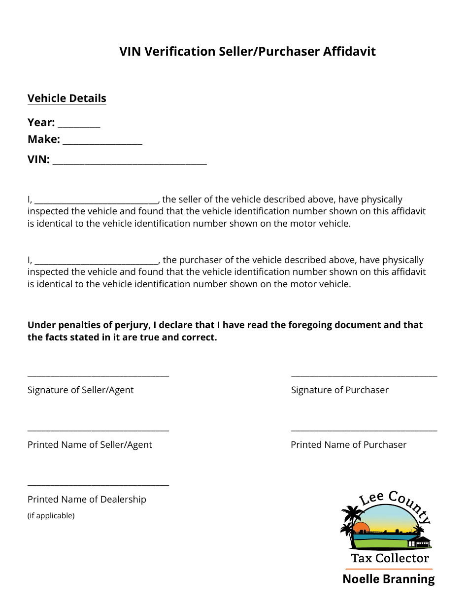 Vin Verification Seller / Purchaser Affidavit - Lee County, Florida, Page 1