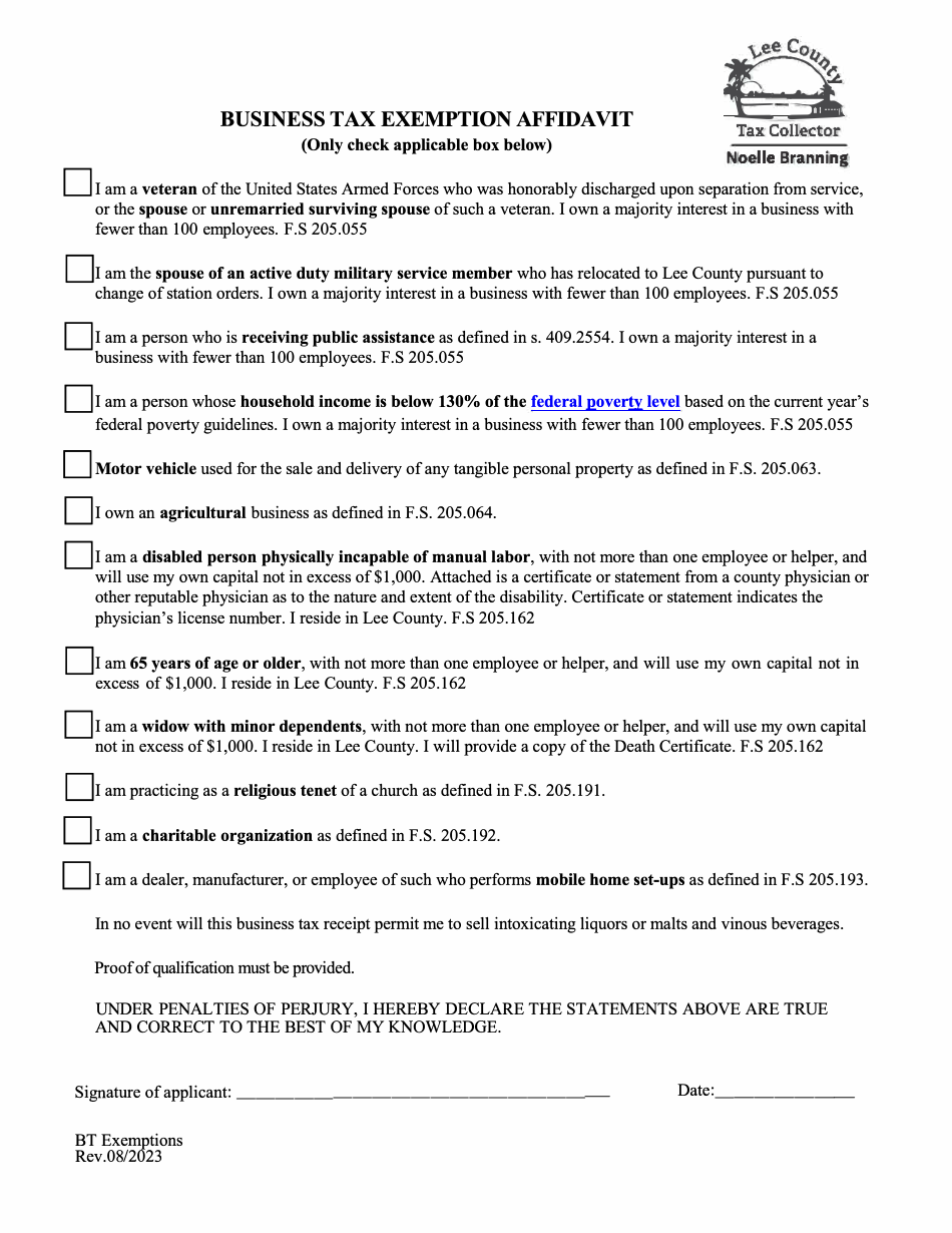 Lee County, Florida Business Tax Exemption Affidavit Fill Out, Sign