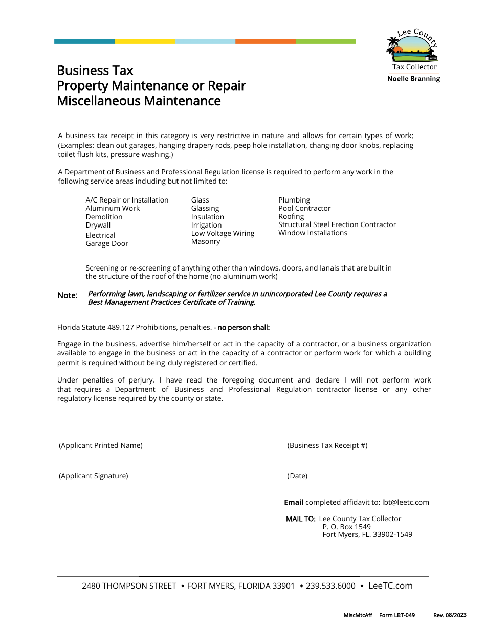 Form LBT-049 Business Tax Property Maintenance or Repair - Miscellaneous Maintenance - Lee County, Florida, Page 1