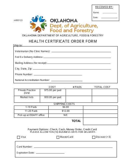 Health Certificate Order Form - Oklahoma Download Pdf