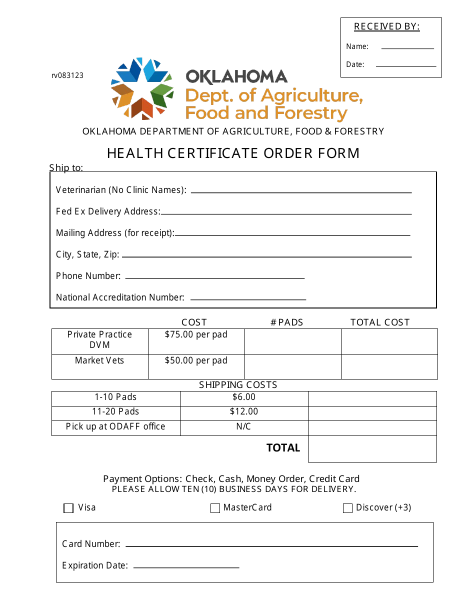 Health Certificate Order Form - Oklahoma, Page 1