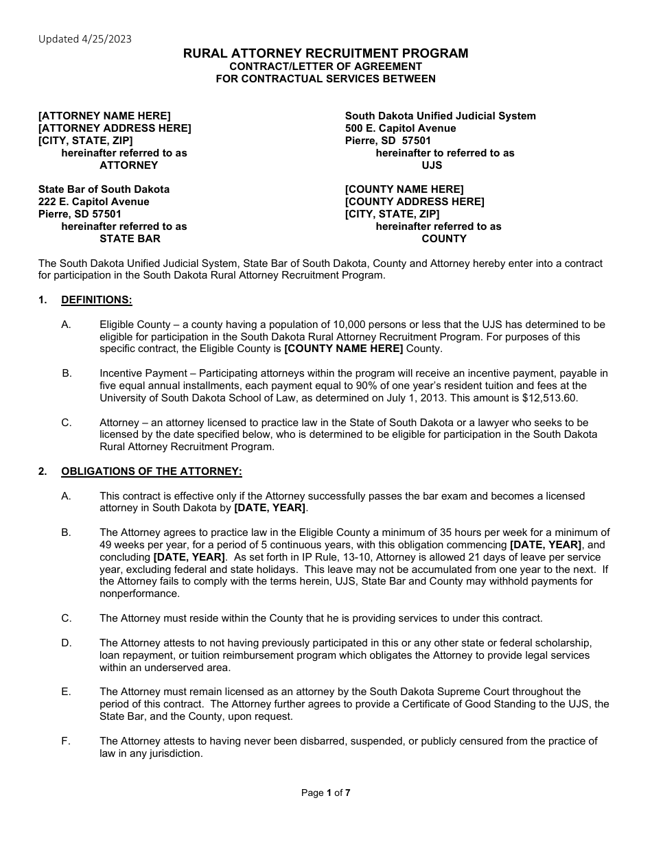 South Dakota Rural Attorney Recruitment Contract Fill Out, Sign