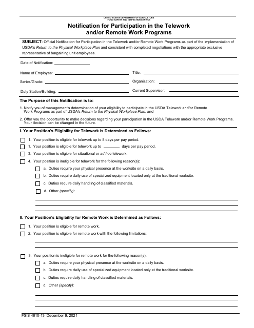 FSIS Form 4610-13 Notification for Participation in the Telework and/or Remote Work Programs