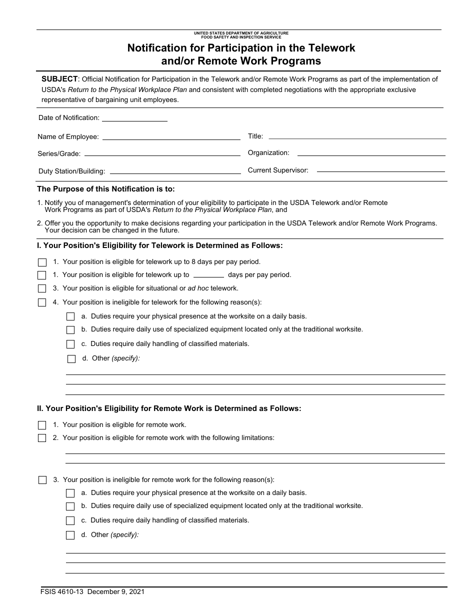 FSIS Form 4610-13 Notification for Participation in the Telework and / or Remote Work Programs, Page 1