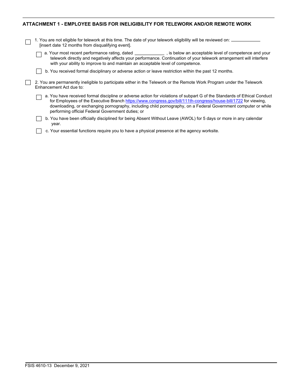FSIS Form 4610-13 Notification for Participation in the Telework and / or Remote Work Programs, Page 3