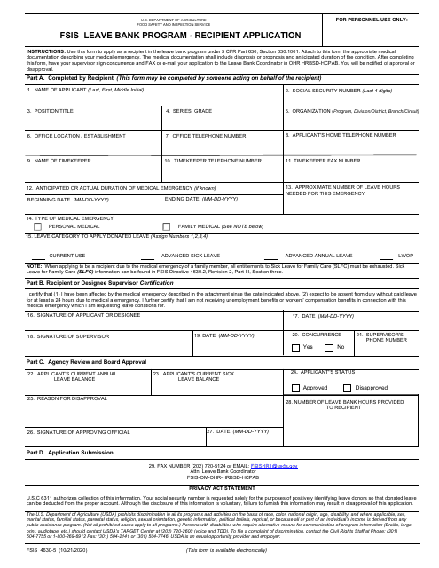 FSIS Form 4630-5 Recipient Application - FSIS Leave Bank Program