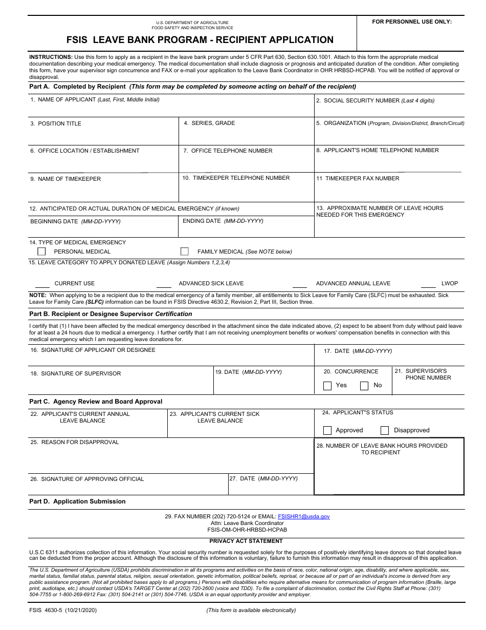 FSIS Form 4630-5 Recipient Application - FSIS Leave Bank Program, Page 1