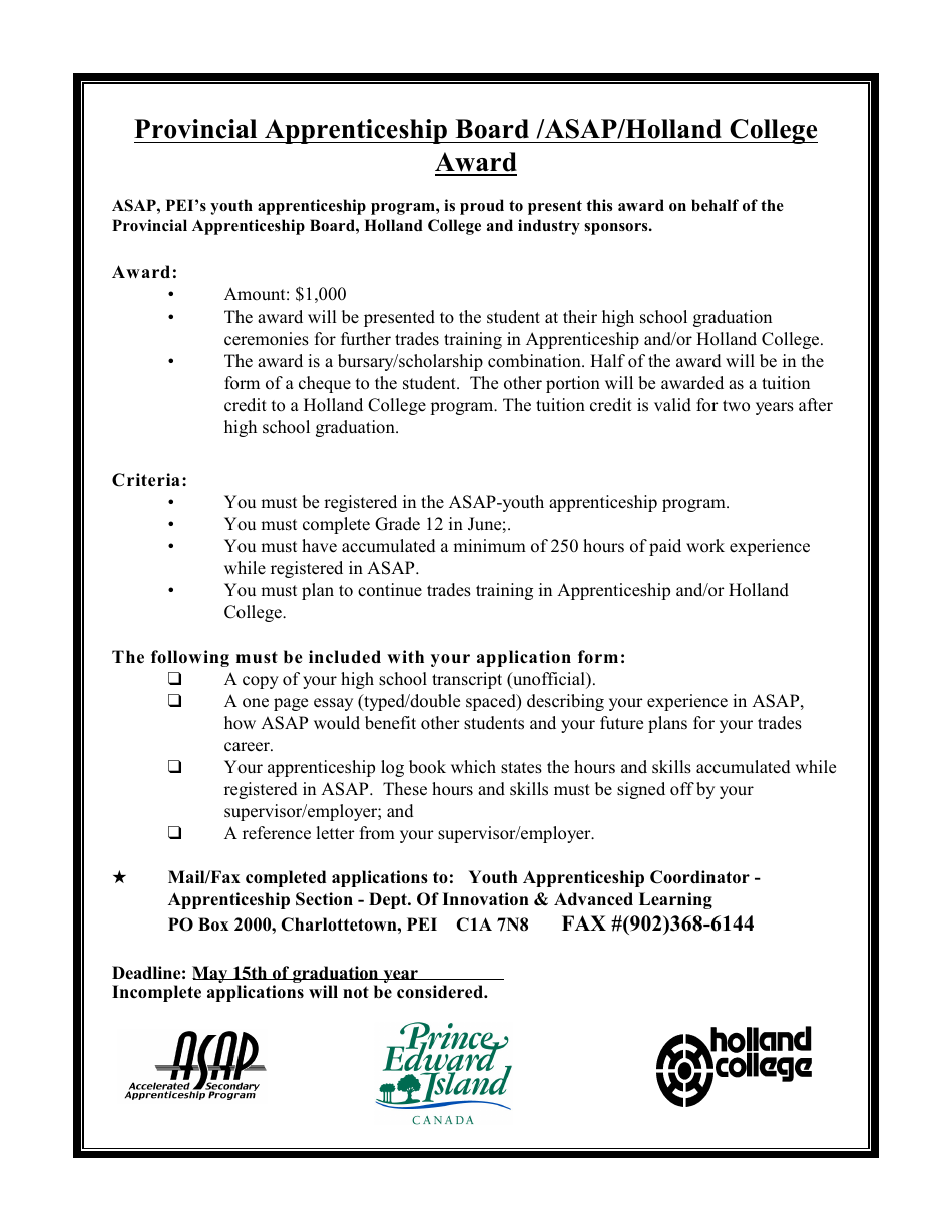 Provincial Apprenticeship Board / Asap / Holland College Award Application Form - Prince Edward Island, Canada, Page 1