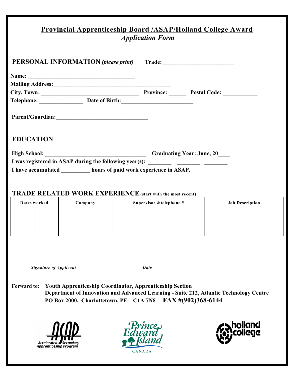 Provincial Apprenticeship Board / Asap / Holland College Award Application Form - Prince Edward Island, Canada, Page 2