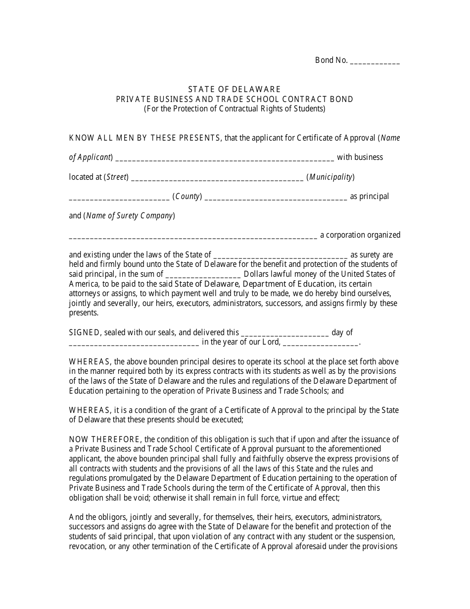 Private Business and Trade School Contract Bond - Delaware, Page 1