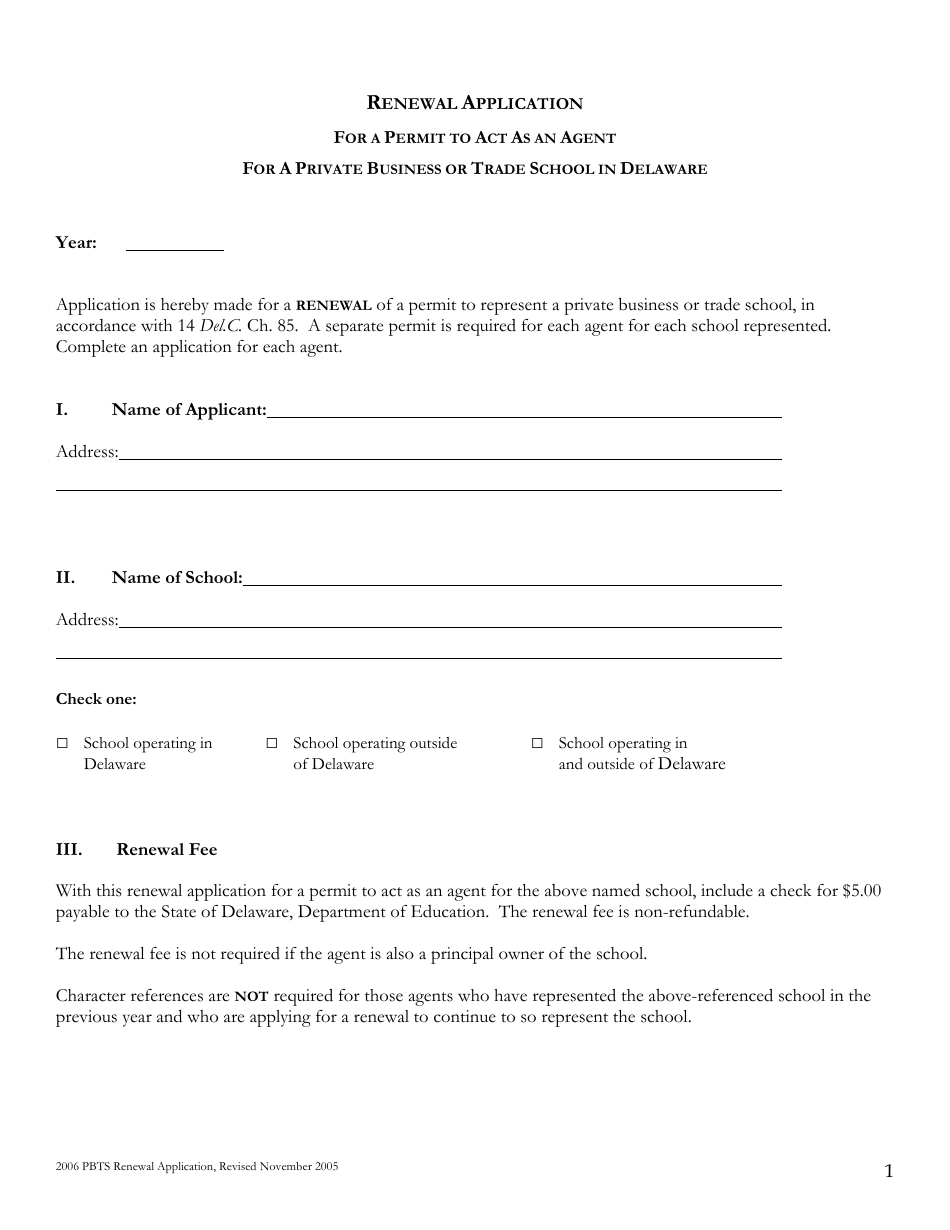 Renewal Application for a Permit to Act as an Agent for a Private Business or Trade School in Delaware - Delaware, Page 1