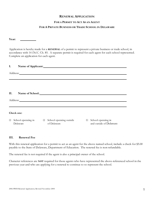 Renewal Application for a Permit to Act as an Agent for a Private Business or Trade School in Delaware - Delaware