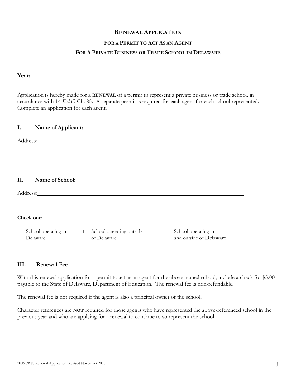 Delaware Renewal Application For A Permit To Act As An Agent For A   Renewal Application For A Permit To Act As An Agent For A Private Business Or Trade School In Delaware Delaware Print Big 