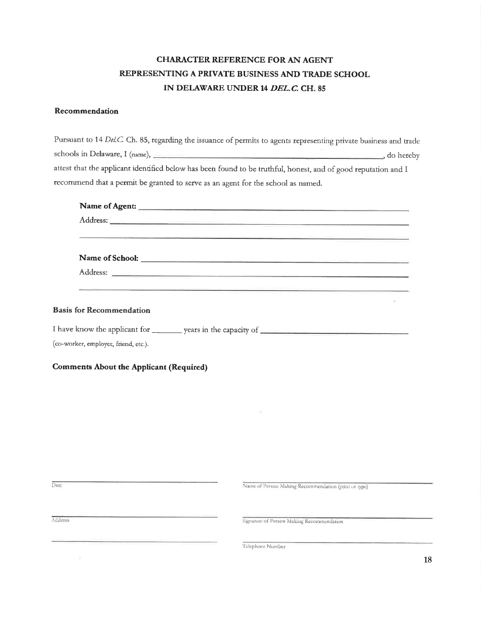Delaware Certificate of Approval to Operate a Private Business and Trade School Under 14 Delc. Chapter 85 - Delaware, Page 18
