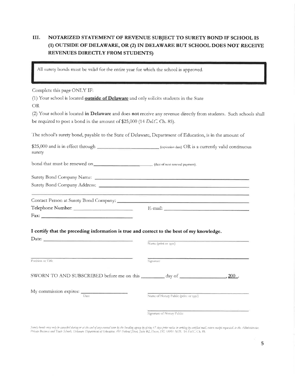 Delaware Certificate of Approval to Operate a Private Business and Trade School Under 14 Delc. Chapter 85 - Delaware, Page 5